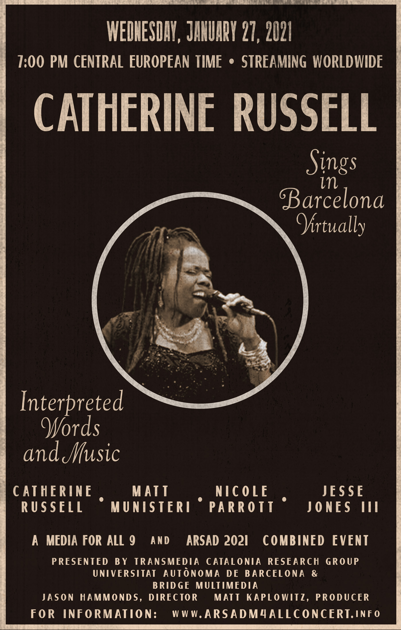 Wednesday 27 January 2021, 7 PM Central European Time, Catherine Russell sings in Barcelona virtually.  Streaming worldwide. A Media for All 9 and ARSAD 2021 combined event.  For information: www.arsadm4allconcert.info