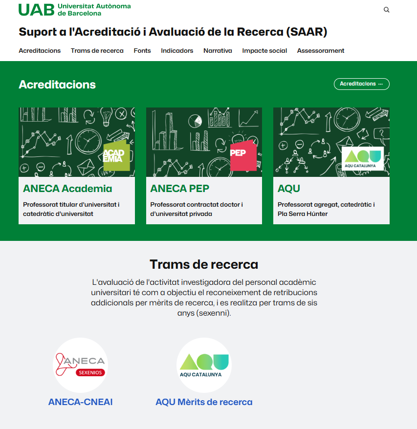 Captura de pantalla de la web Suport a l'Acreditació i Avaluació de la Recerca (SAAR)