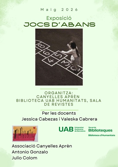 Cartell de l'exposició: Jocs d'abans. Surt una nena jugant al  joc de la "xarranca" pintat a terra