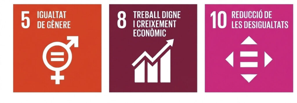 tres icones dels ODS: l'ODS 5 Igualtat de gènere en vermell, l'ODS 8 Treball digne i creixement econòmic en granat, i l'ODS 10 Reducció de les desigualtats en rosa."
