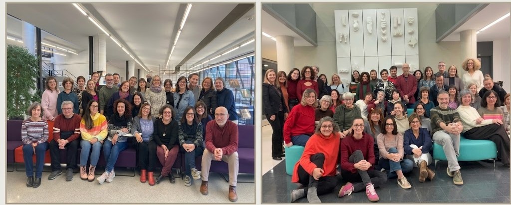 Aquesta composició mostra dues imatges de grup. A l'esquerra, una foto dels membres de l'equip del Servei de Biblioteques de la UAB l'any 2022, posant a l'interior d'una biblioteca. A la dreta, una foto més recent del mateix equip, posant l'any 2025 en un espai de biblioteca. Ambdós grups miren cap a la càmera i somriuen.