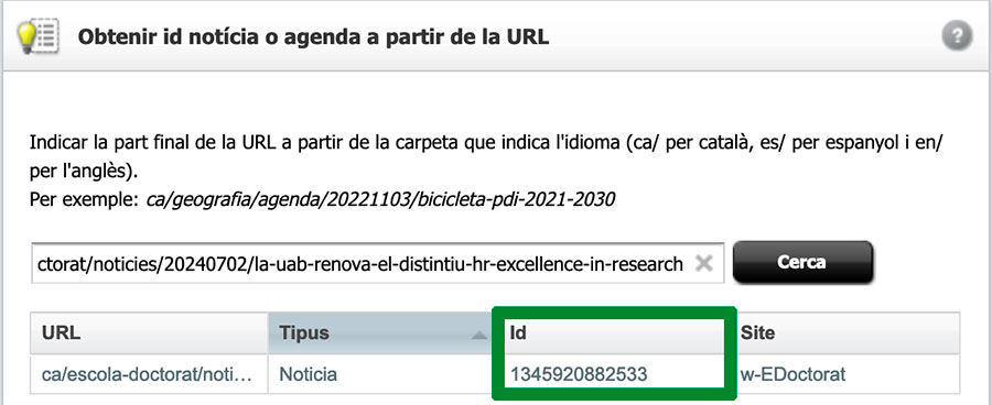 Taula de resultat de la cerca de la url amb el camp Id resaltat