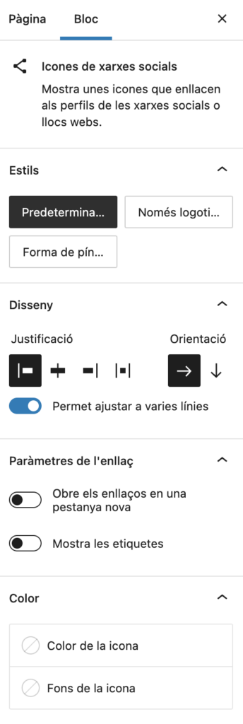 opcions de configuració addicionals del bloc xarxes socials a la barra dreta