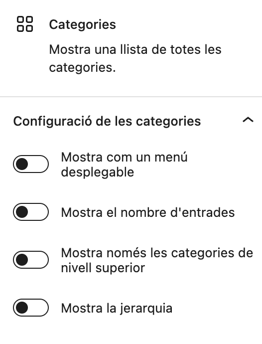 opcions de configuració del bloc categories a la barra dreta
