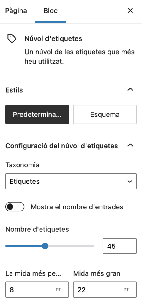 opcions de configuració del bloc núvol d'etiquetes a la barra dreta