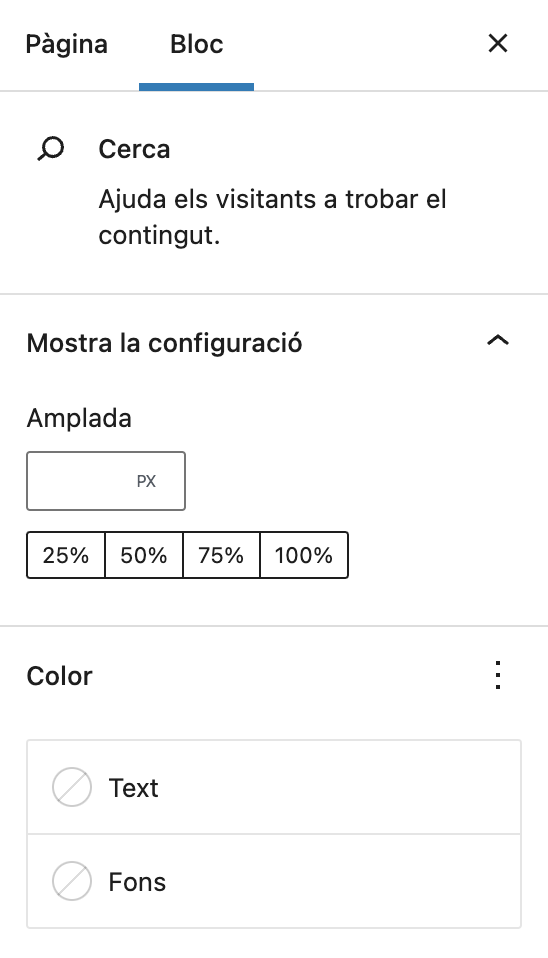 opcions de configuració addicionals del bloc cerca a la barra lateral