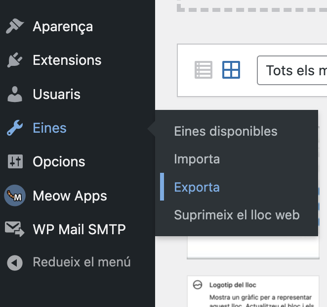 Localizació de les opcions d'exportació de fitxers a WordPress.