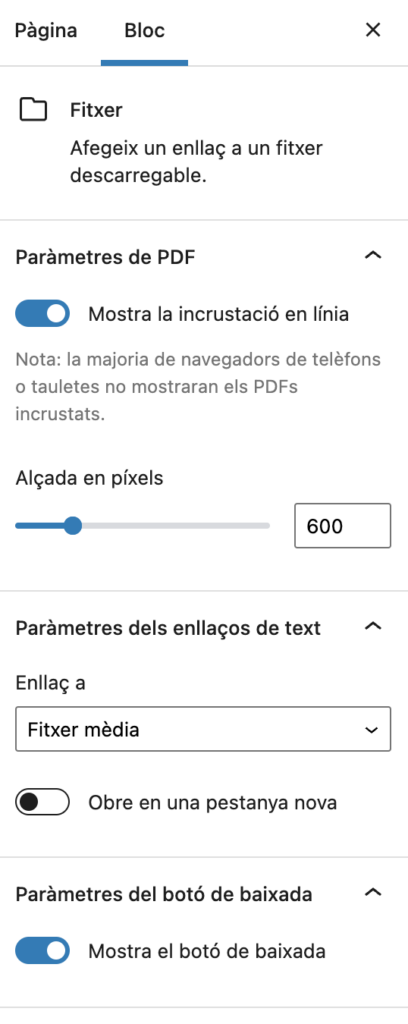 opcions de configuració addicionals del bloc fitxer a la barra lateral