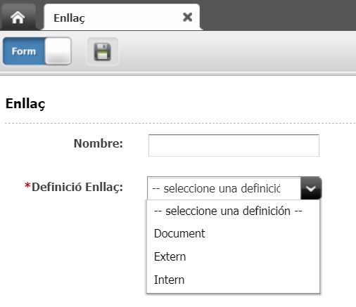 Captura de pantalla parcial del sel·lector de definició d'enllaç a Oracle Webcenter Sites