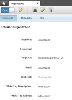 Captura de pantalla parcial dels atributs d'una pàgina interior a Oracle Webcenter Sites