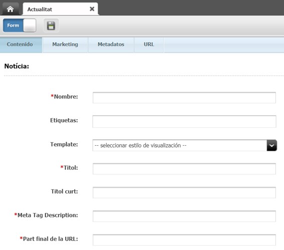 Captura de pantalla parcial del formulari de l'asset actualitat a Oracle Webcenter Sites