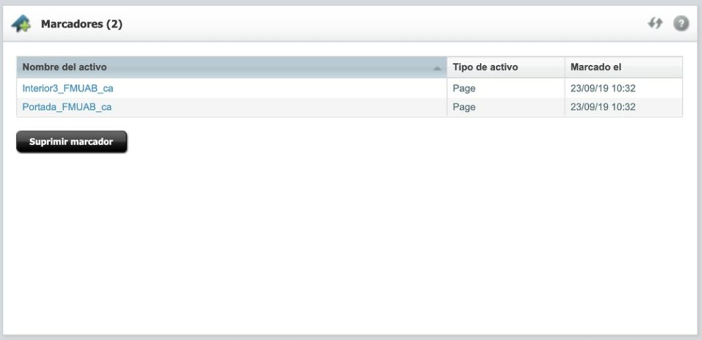 Captura de pantalla parcial de la caixa de marcadores al gestor d'Oracle Webcenter Sites