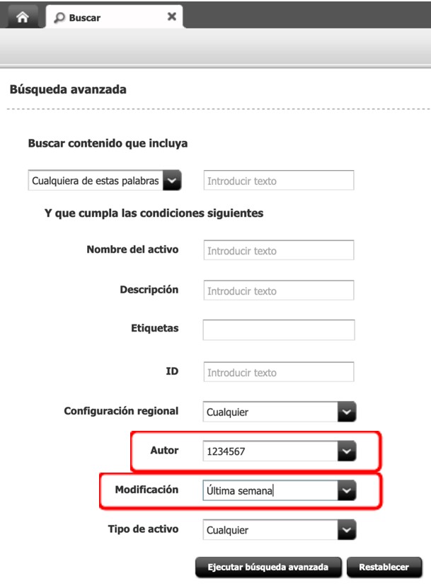 Captura de pantalla parcial del formulari de cerca avançada a Oracle Webcenter Sites