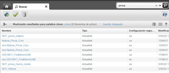 Captura de pantalla parcial d'un llistat de resultats del cercador d'assets a Oracle Webcenter Sites
