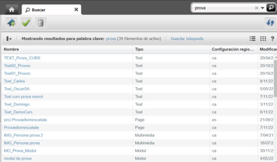 Captura de pantalla parcial d'un llistat de resultats cercador d'assets a Oracle Webcenter Sites
