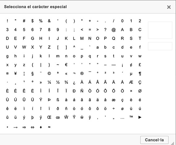 Captura de pantalla parcial del llistat de símbols del CKEditor a Oracle Webcenter Sites
