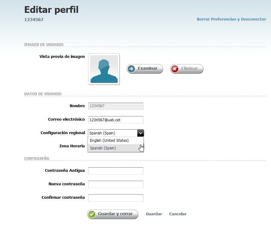 Captura de pantalla parcial sobre com editar l'idioma de la interfície al perfil d'usuari a Oracle Webcenter Sites