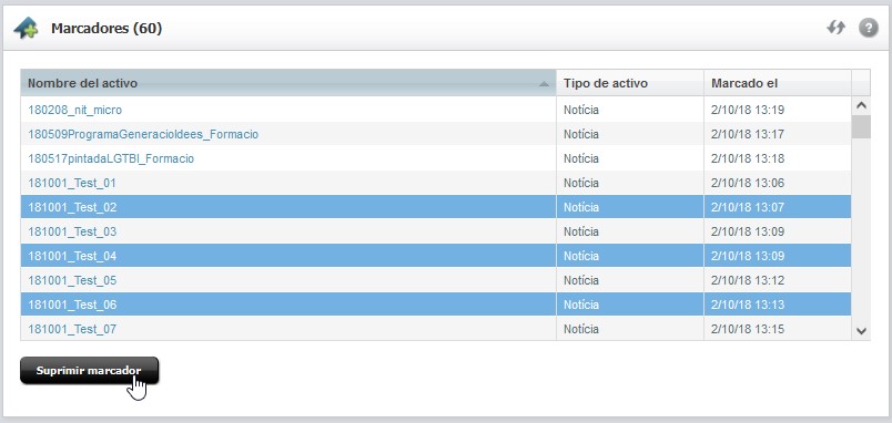 Captura de pantalla parcial de la gestió del llistat de Marcadores a Oracle Webcenter Sites