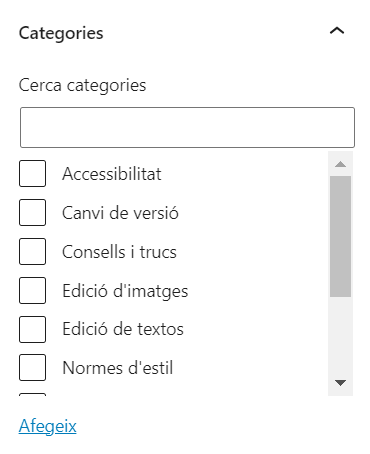 Secció de la barra lateral de configuració on es mostren les categories disponibles per a les entrades