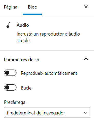 opcions de configuració del bloc audio a la barra lateral