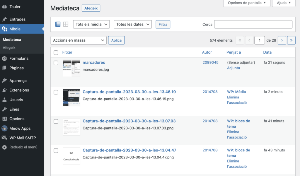 Aspecte de la bilioteca de medis de WordPress per a la visualització dels fitxers en llistat