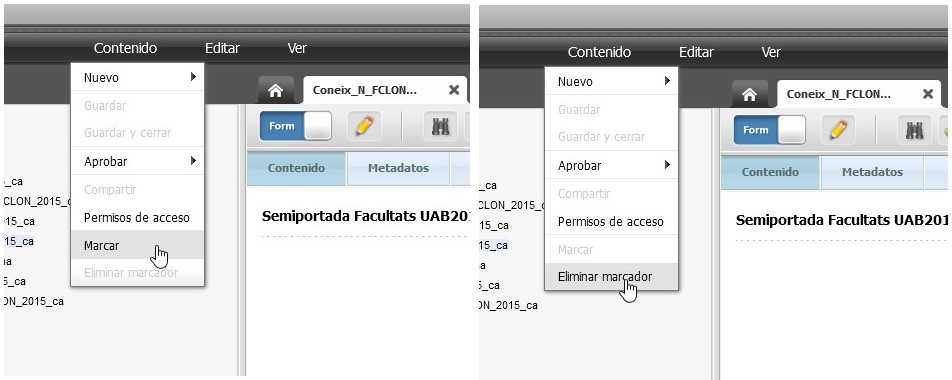 Captura de pantalla parcial de les accions de marcar i eliminar marcador a Oracle Webcenter Sites