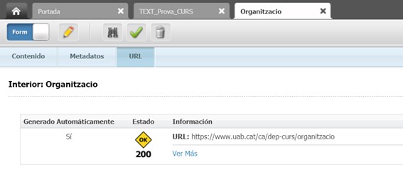 Captura de pantalla parcial de la pestanya URL d'una pàgina a Oracle Webcenter Sites