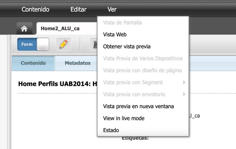 Captura de pantalla parcial del menú Ver amb les opcions de previsualització a Oracle Webcenter Sites