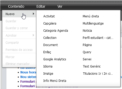 Captura de pantalla parcial del menú Contenido i l'acció Nuevo a Oracle Webcenter Sites