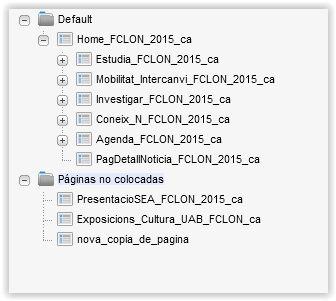 Captura de pantalla parcial de l'arbre de pàgines i les pàgines no col·locades a Oracle Webcenter Sites