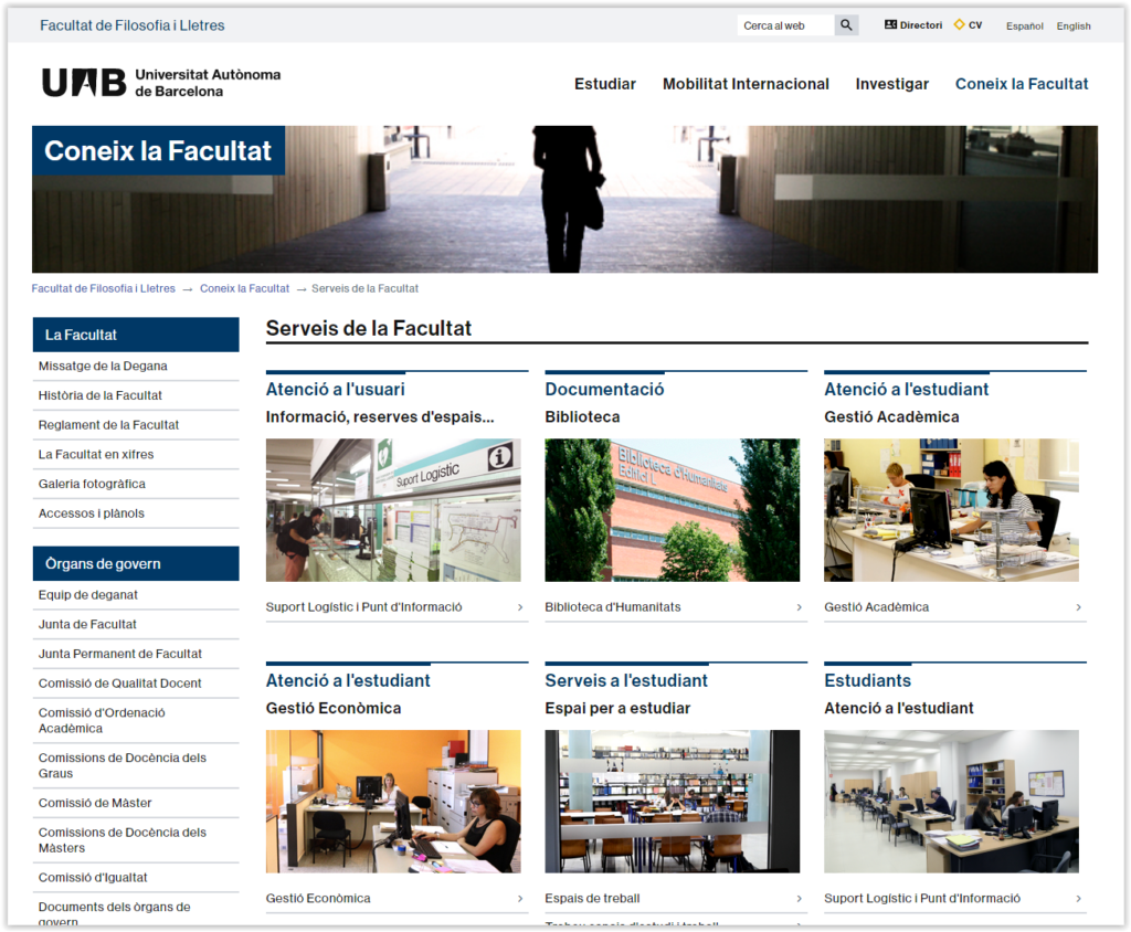 Captura de pantalla d'una pàgina interior amb serveis