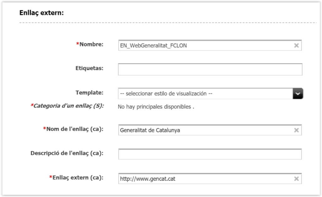 Captura de pantalla del formulari d'un enllaç extern