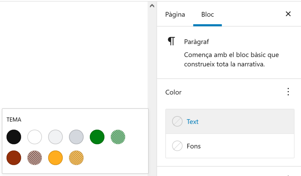 secció de colors les opcions de configuració dels diferents blocs a la barra lateral