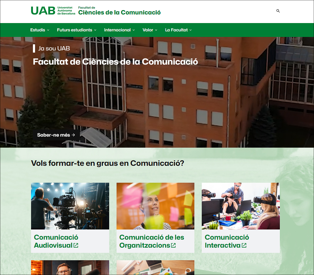 Portada de la web de la Facultat de Ciències de la Comunicació