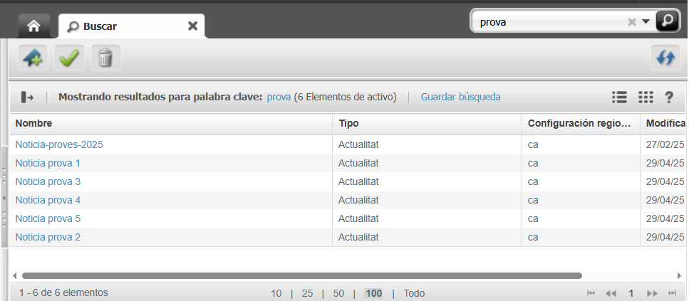 Captura de pantalla parcial d'un llistat de resultats del cercador d'assets a Oracle Webcenter Sites