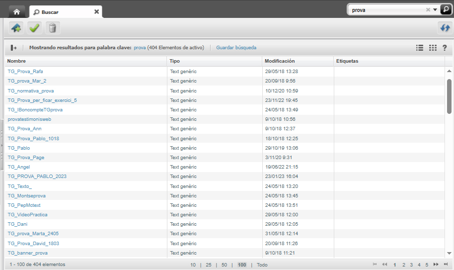 Captura de pantalla parcial d'un llistat de resultats cercador d'assets a Oracle Webcenter Sites