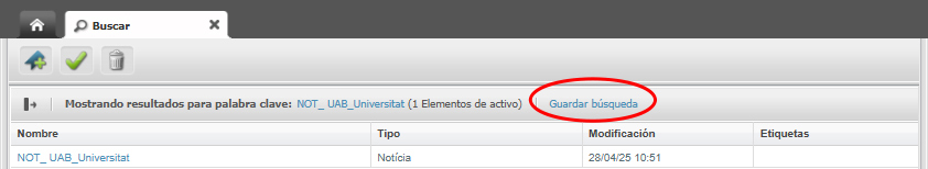 Captura de pantalla parcial amb la opció de Guardar búsqueda a Oracle Webcenter Sites resaltada