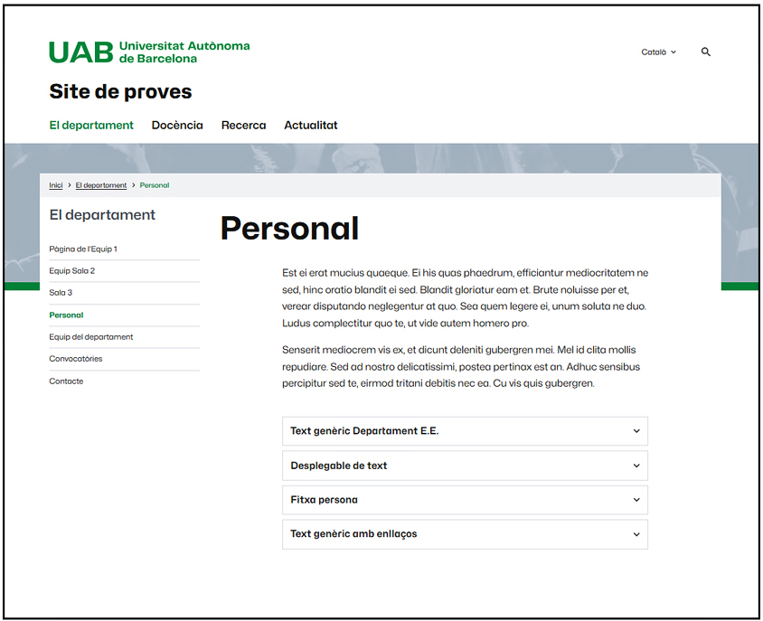 Captura de pantalla d'una pàgina interior amb mòdul de desplegables Oracle Webcenter Sites