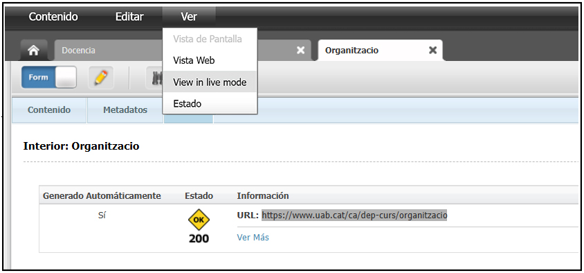 Captura de pantalla parcial de la pestanya URL d'una pàgina a Oracle Webcenter Sites