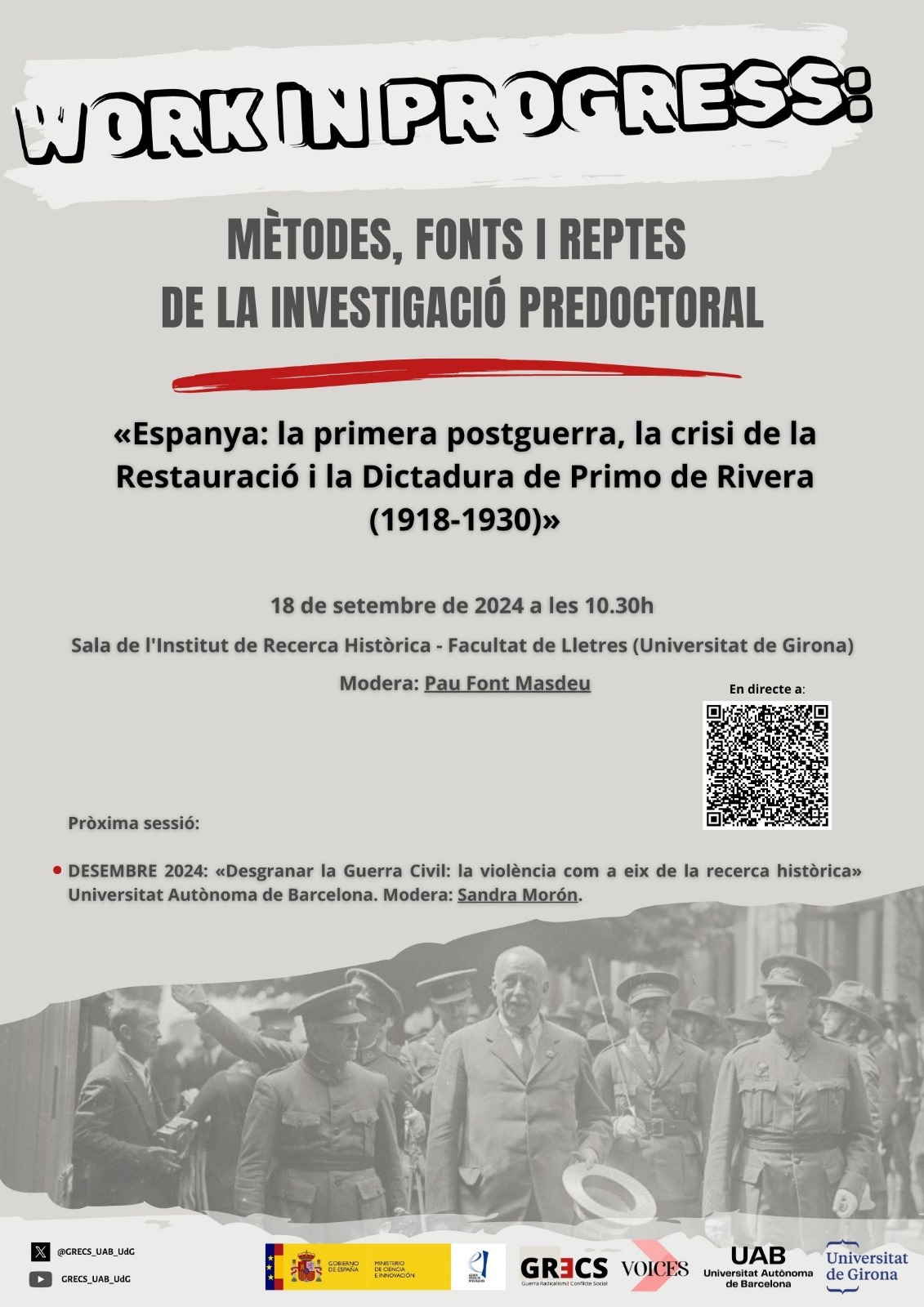 Cicle de seminaris especials ‘Work in progress’: «Espanya: la primera postguerra, la crisi de la Restauració i la Dictadura de Primo de Rivera (1918-1930)»