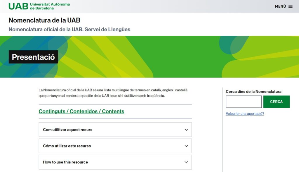Captura de pantalla de la pàgina d'inici de la Nomenclatura de la UAB.