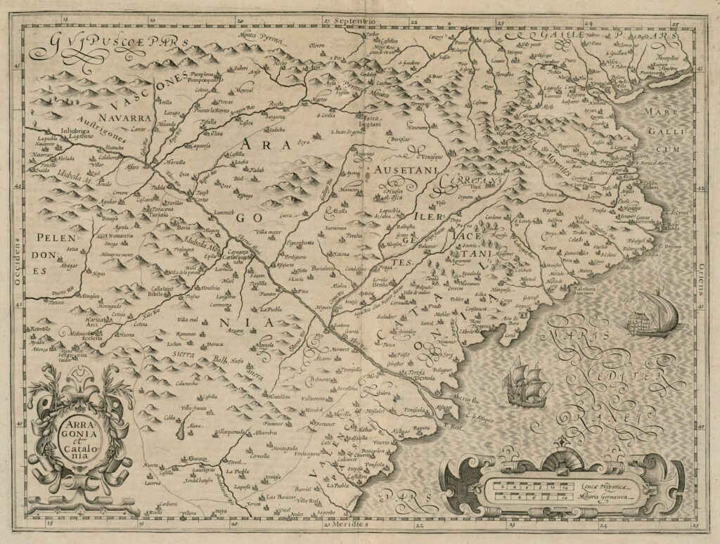 Mapa d'Aragó i Catalunya de Mercator-Hondius en blanc i negre. 1628.