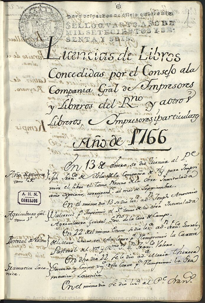 Primera pàgina del llibre de llicències de llibres de l'any 1766. 