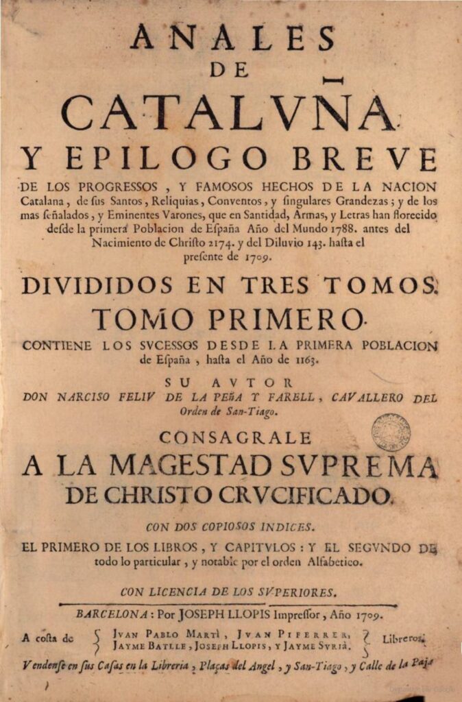 Portada d'Anales de Cataluña. 1709.