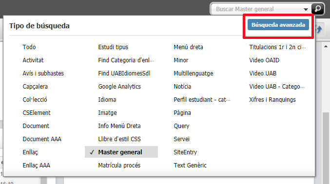 Ubicació del botó de cerca avançada