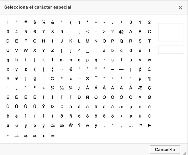 Captura de pantalla parcial del llistat de símbols del CKEditor a Oracle Webcenter Sites