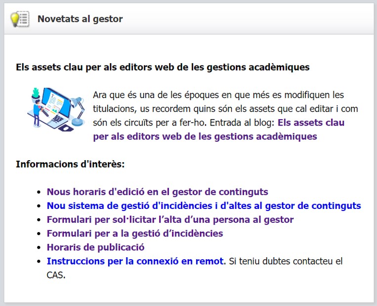Captura de pantalla parcial de la caixa de novetats al gestor d'Oracle Webcenter Sites