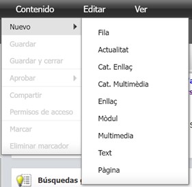 Captura de pantalla parcial del menú Contenido i l'acció Nuevo a Oracle Webcenter Sites