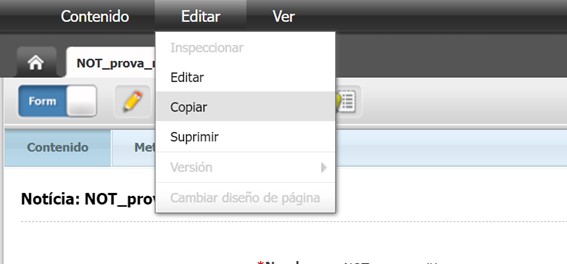 Captura de pantalla parcial del menú Editar i l'acció Copiar asset a Oracle Webcenter Sites
