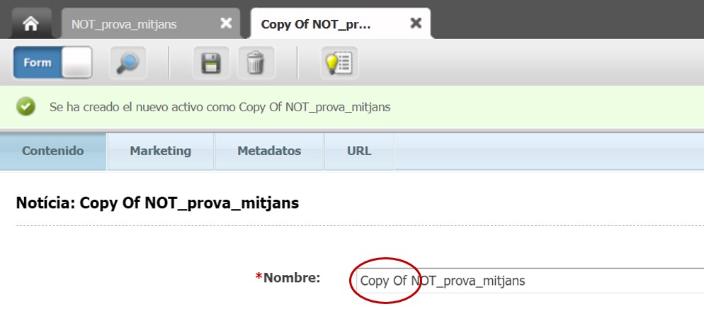 Captura de pantalla parcial del nou asset copiat a Oracle Webcenter Sites